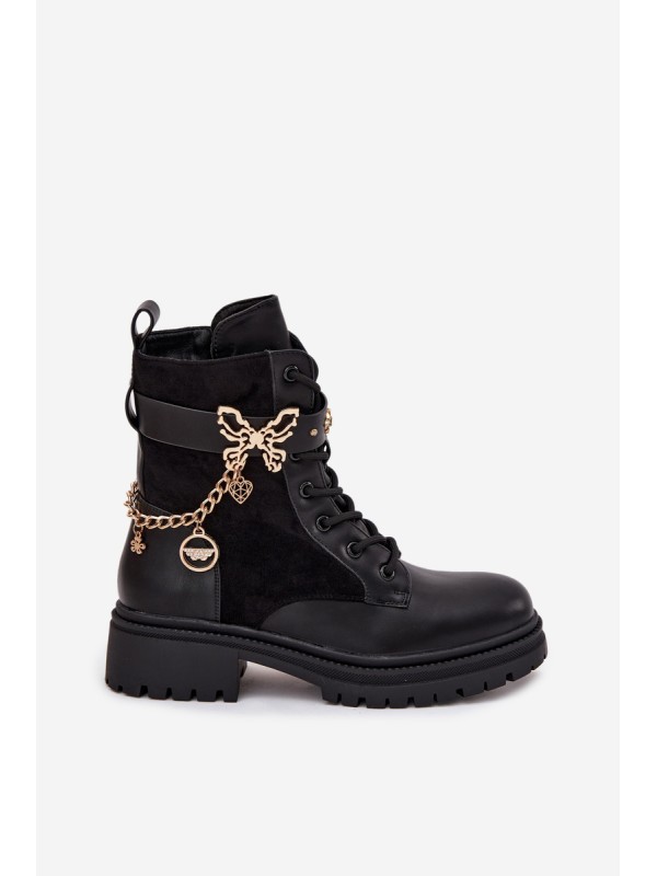 Women's Work Boots Insulated With Gold Chain And Charms Black Vessara