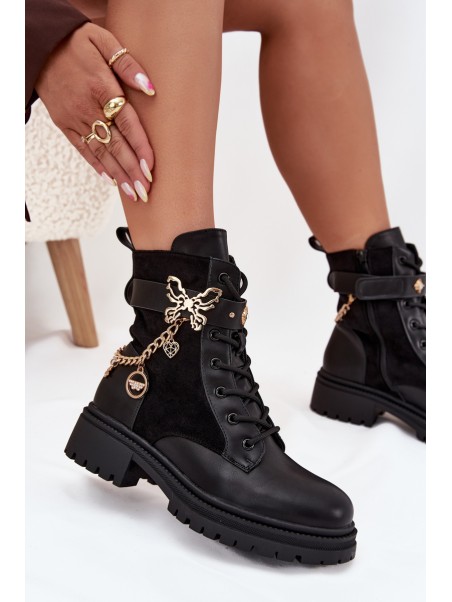 Women's Work Boots Insulated With Gold Chain And Charms Black Vessara