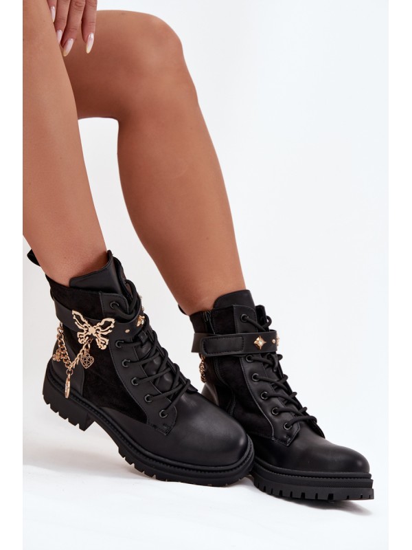 Women's Work Boots Insulated With Gold Chain And Charms Black Vessara