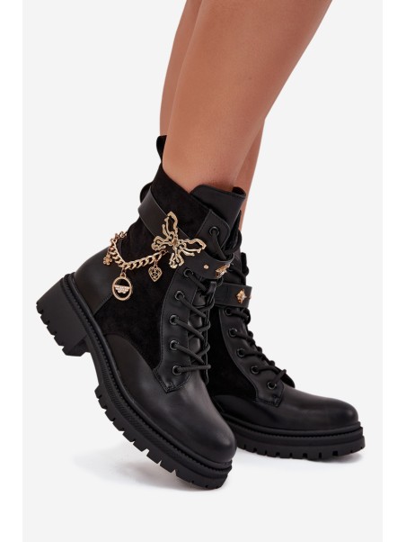Women's Work Boots Insulated With Gold Chain And Charms Black Vessara