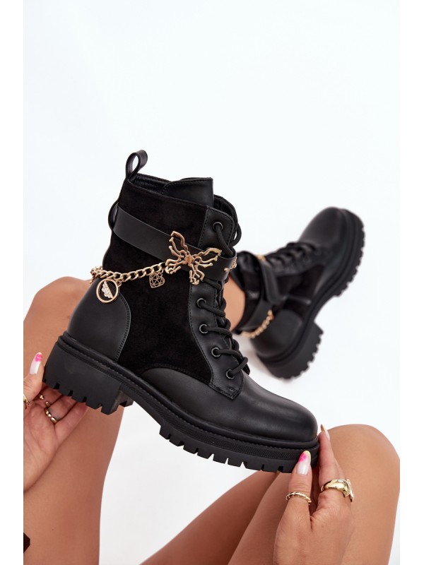 Women's Work Boots Insulated With Gold Chain And Charms Black Vessara