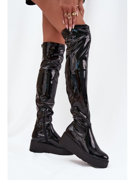 Lacquered Knee High Boots On Platform With Delicate Wedge Black Tavina