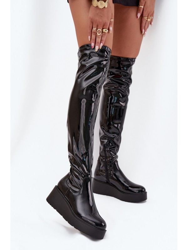 Lacquered Knee High Boots On Platform With Delicate Wedge Black Tavina 2