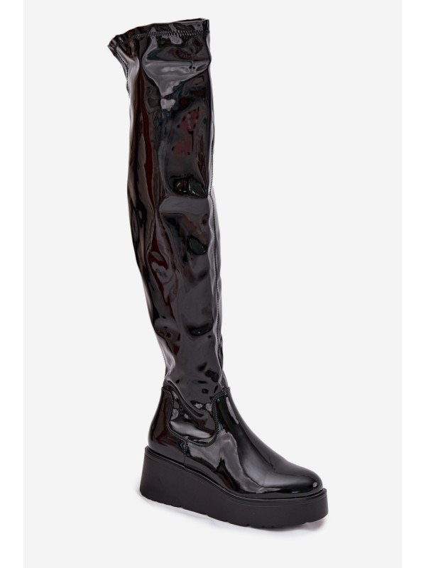 Lacquered Knee High Boots On Platform With Delicate Wedge Black Tavina
