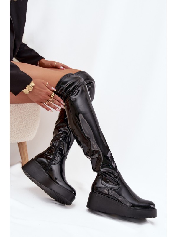 Lacquered Knee High Boots On Platform With Delicate Wedge Black Tavina