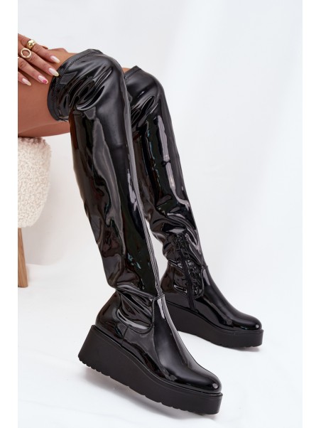 Lacquered Knee High Boots On Platform With Delicate Wedge Black Tavina