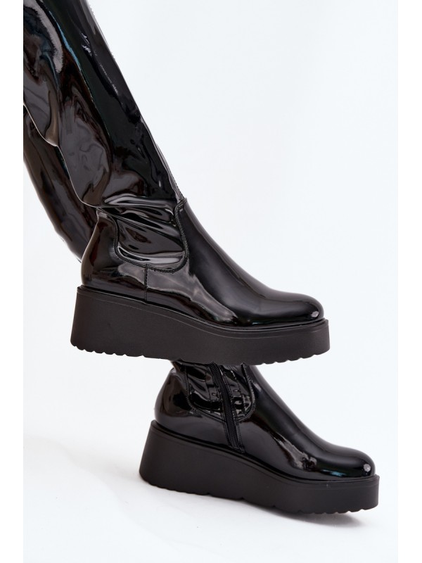 Lacquered Knee High Boots On Platform With Delicate Wedge Black Tavina