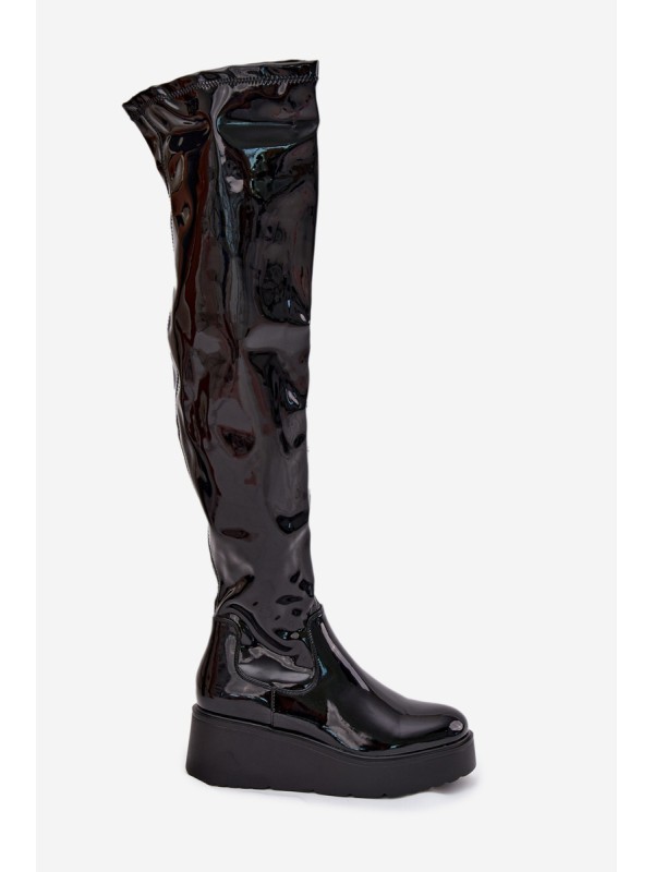 Lacquered Knee High Boots On Platform With Delicate Wedge Black Tavina