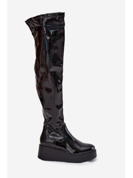 Lacquered Knee High Boots On Platform With Delicate Wedge Black Tavina