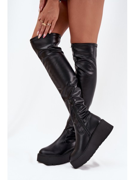 Knee High Women's Boots On Platform With Delicate Wedge Black Lydira
