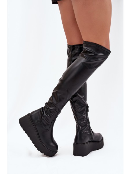 Knee High Women's Boots On Platform With Delicate Wedge Black Lydira