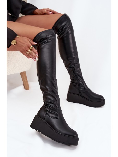 Knee High Women's Boots On Platform With Delicate Wedge Black Lydira
