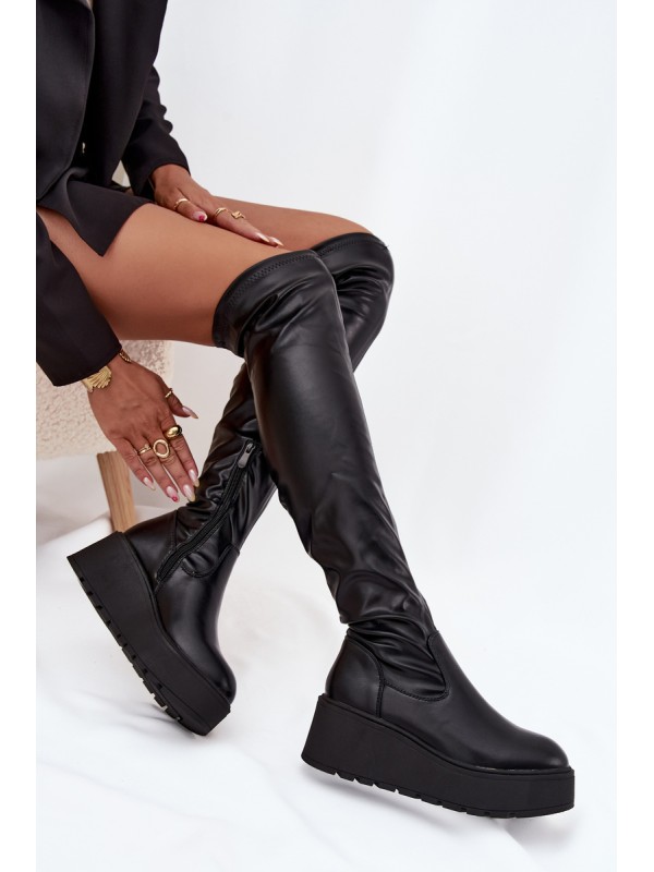 Knee High Women's Boots On Platform With Delicate Wedge Black Lydira