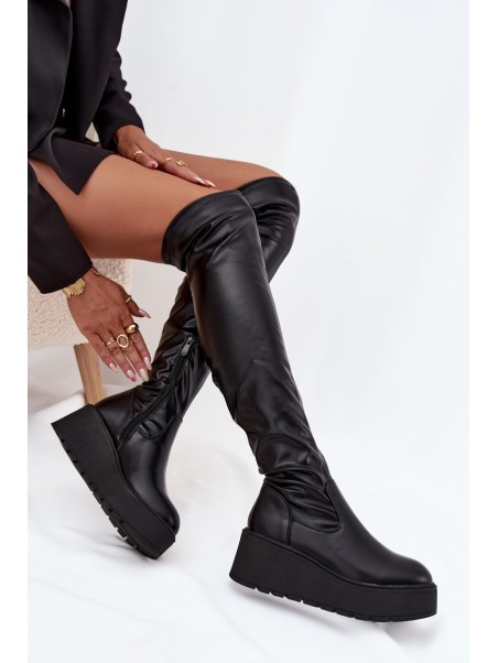 Knee High Women's Boots On Platform With Delicate Wedge Black Lydira