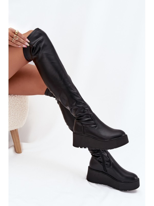 Knee High Women's Boots On Platform With Delicate Wedge Black Lydira