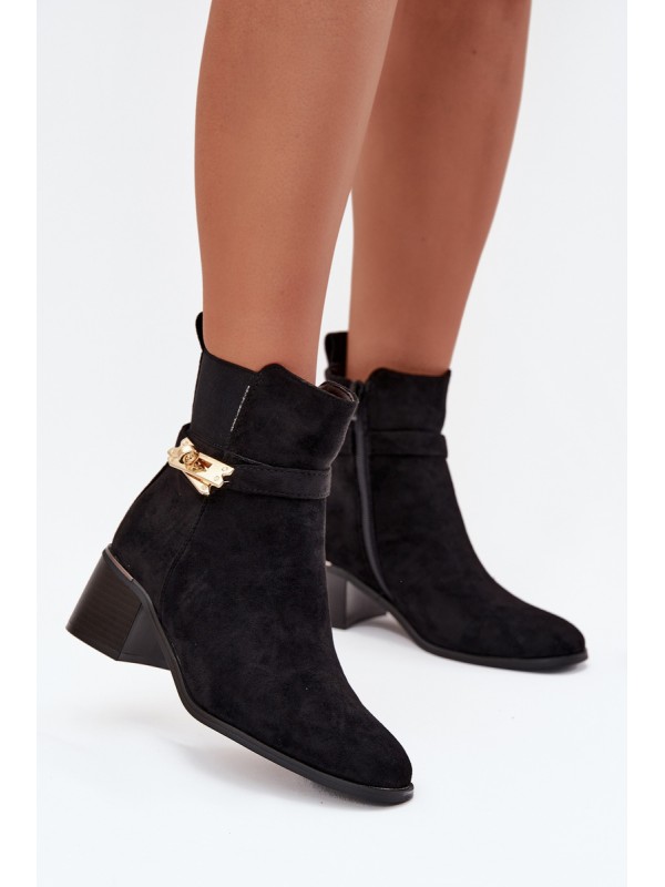 Fleece lined women's ankle boots with gold decoration on block heel black Sarona