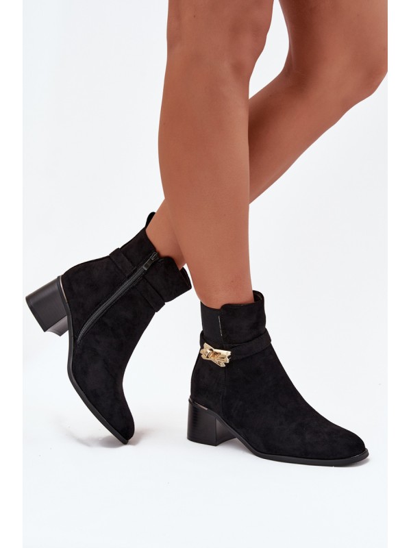 Fleece lined women's ankle boots with gold decoration on block heel black Sarona 2
