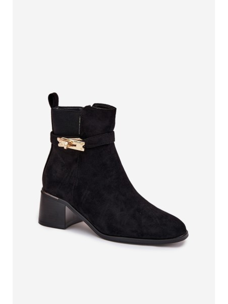 Fleece lined women's ankle boots with gold decoration on block heel black Sarona