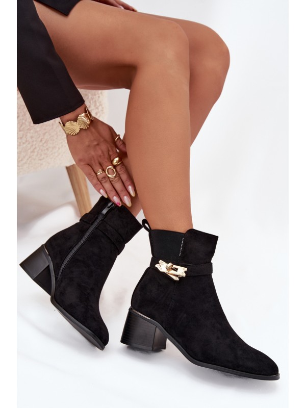Fleece lined women's ankle boots with gold decoration on block heel black Sarona