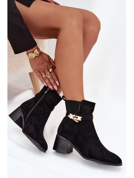 Fleece lined women's ankle boots with gold decoration on block heel black Sarona
