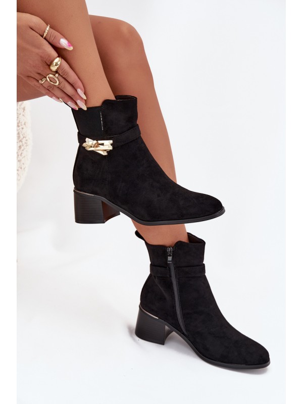 Fleece lined women's ankle boots with gold decoration on block heel black Sarona