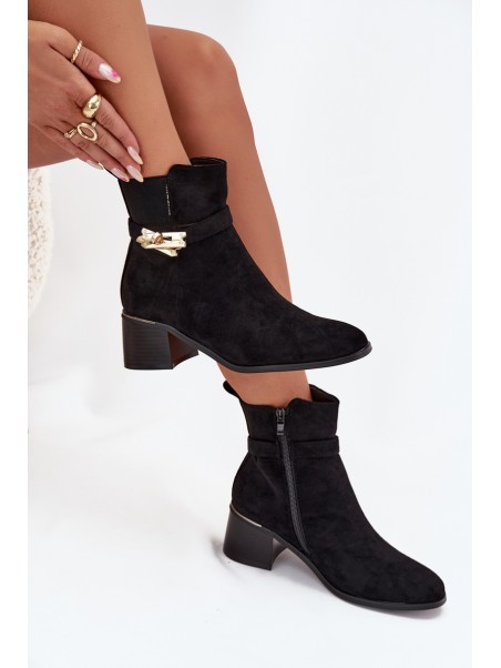 Fleece lined women's ankle boots with gold decoration on block heel black Sarona