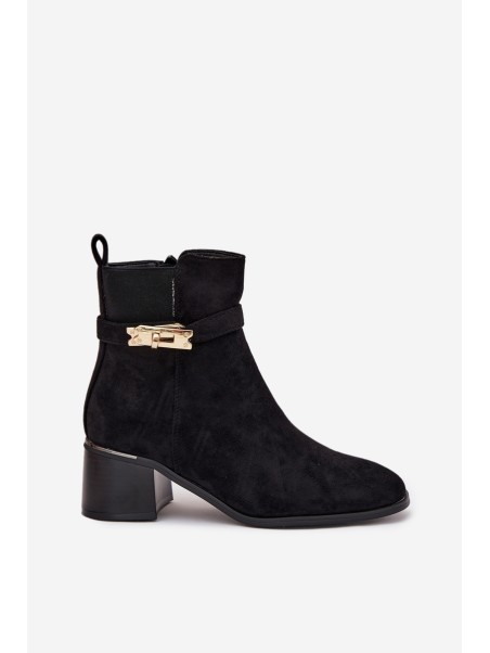 Fleece lined women's ankle boots with gold decoration on block heel black Sarona