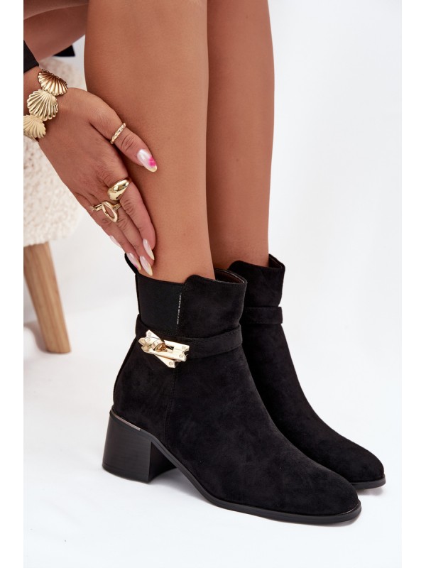 Fleece lined women's ankle boots with gold decoration on block heel black Sarona