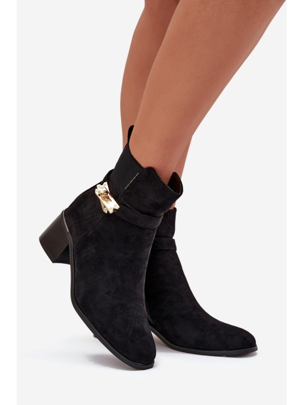 Fleece lined women's ankle boots with gold decoration on block heel black Sarona
