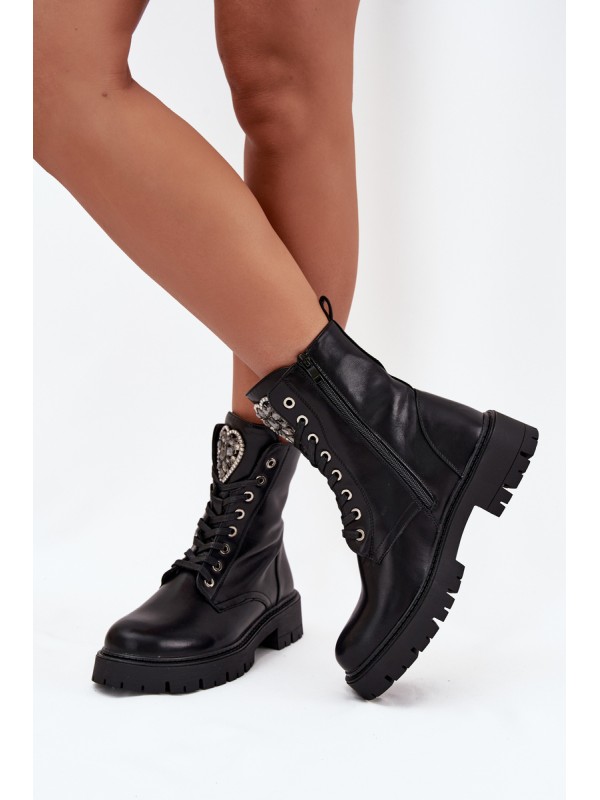 Boots Workers With Jewelry Decoration Insulated Eco Leather Black Miryssa