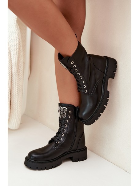 Boots Workers With Jewelry Decoration Insulated Eco Leather Black Miryssa