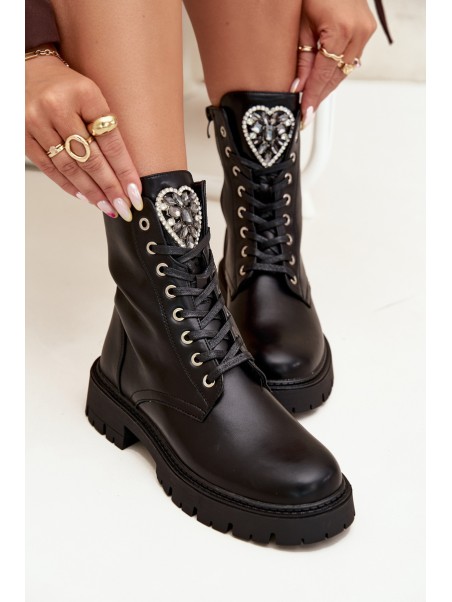 Boots Workers With Jewelry Decoration Insulated Eco Leather Black Miryssa