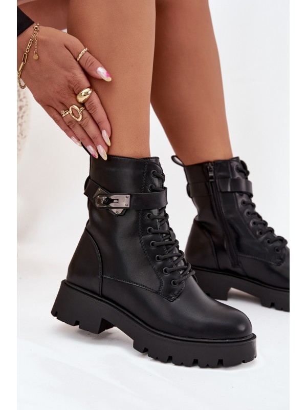Women's Work Boots With Decorative Strap Insulated Eco Leather Black Selita