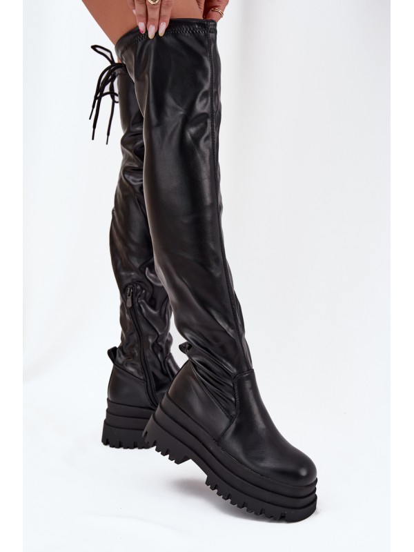 Womens Knee High Boots On Chunky Platform Black Erisna