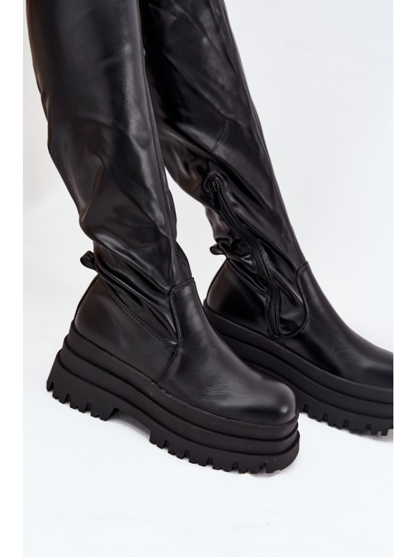 Womens Knee High Boots On Chunky Platform Black Erisna