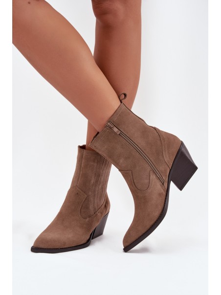 Suede Cowboy Ankle Boots Women's Heeled Insulated Khaki Dylira