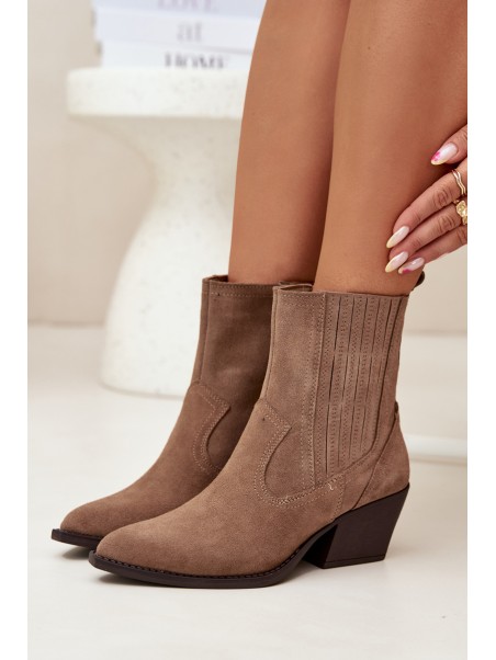 Suede Cowboy Ankle Boots Women's Heeled Insulated Khaki Dylira