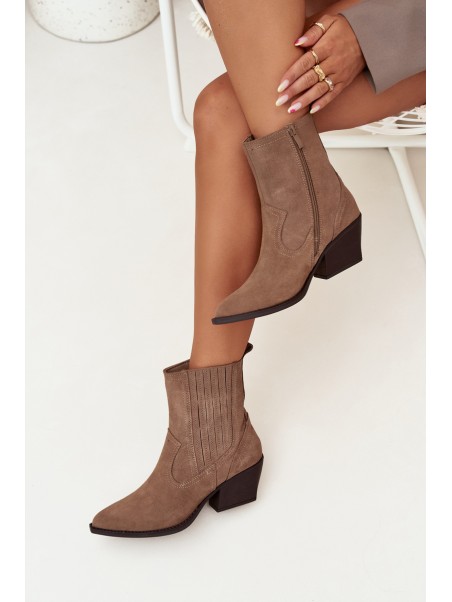 Suede Cowboy Ankle Boots Women's Heeled Insulated Khaki Dylira