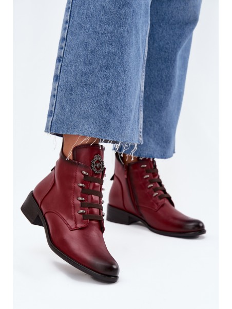Low insulated ankle boots with zipper and decoration burgundy Nevalia