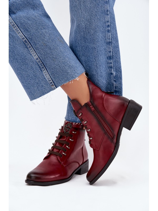 Low insulated ankle boots with zipper and decoration burgundy Nevalia 2