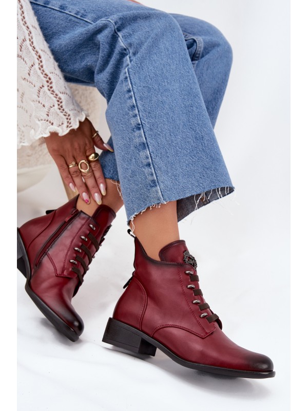 Low insulated ankle boots with zipper and decoration burgundy Nevalia