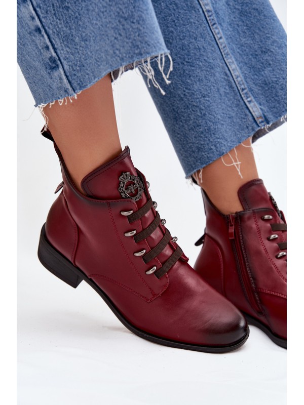 Low insulated ankle boots with zipper and decoration burgundy Nevalia