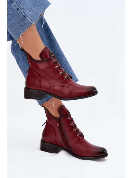 Low insulated ankle boots with zipper and decoration burgundy Nevalia