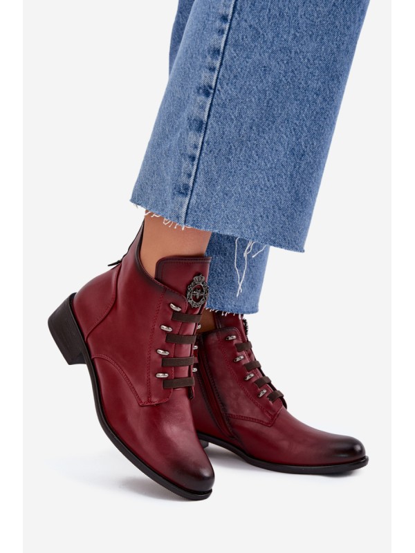Low insulated ankle boots with zipper and decoration burgundy Nevalia