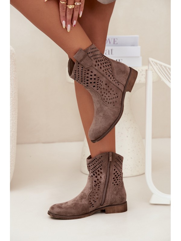 Openwork Women's Ankle Boots Flat Heel Dark Beige Amisna