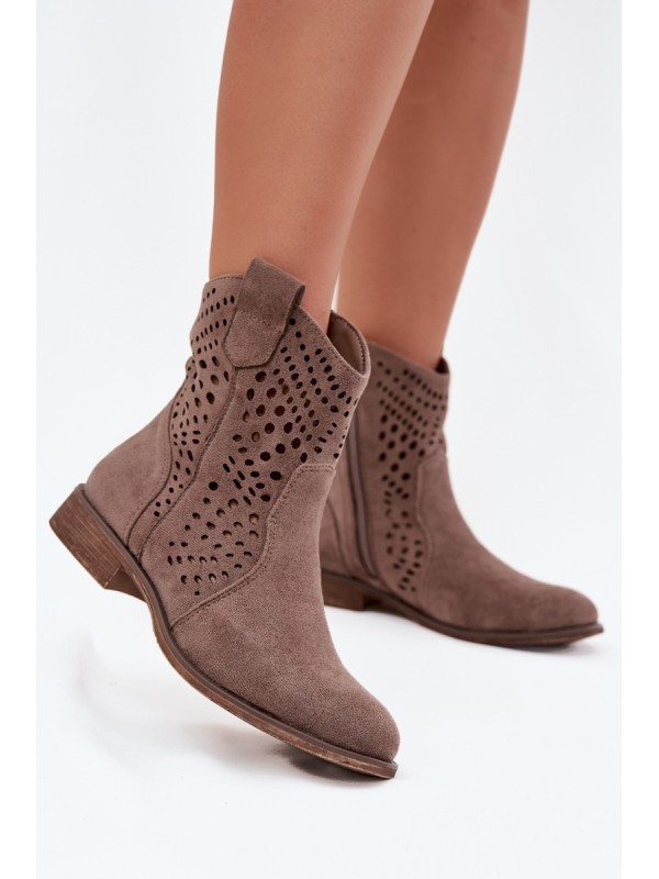 Openwork Women's Ankle Boots Flat Heel Dark Beige Amisna 2