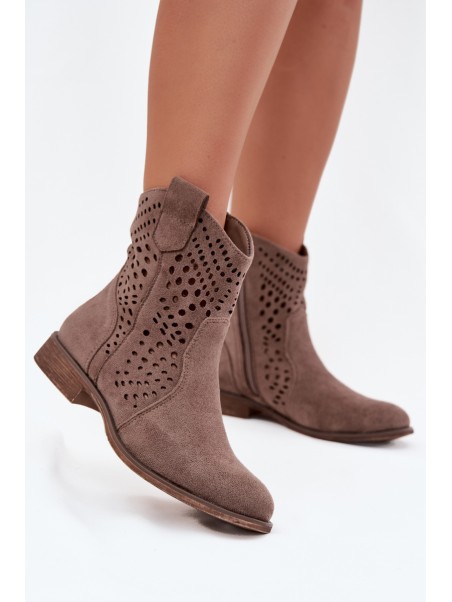 Openwork Women's Ankle Boots Flat Heel Dark Beige Amisna