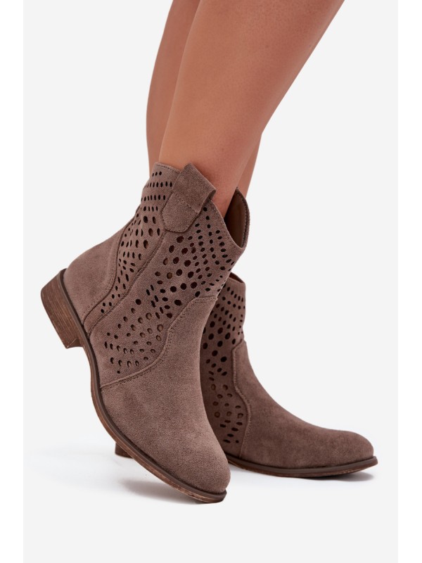 Openwork Women's Ankle Boots Flat Heel Dark Beige Amisna