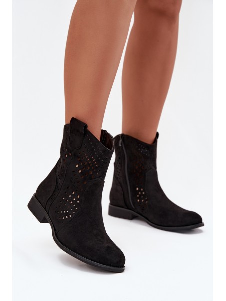 Openwork Women's Ankle Boots Flat Heel Black Amisna