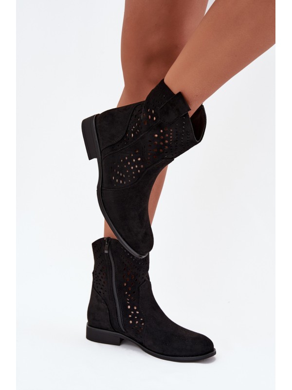 Openwork Women's Ankle Boots Flat Heel Black Amisna